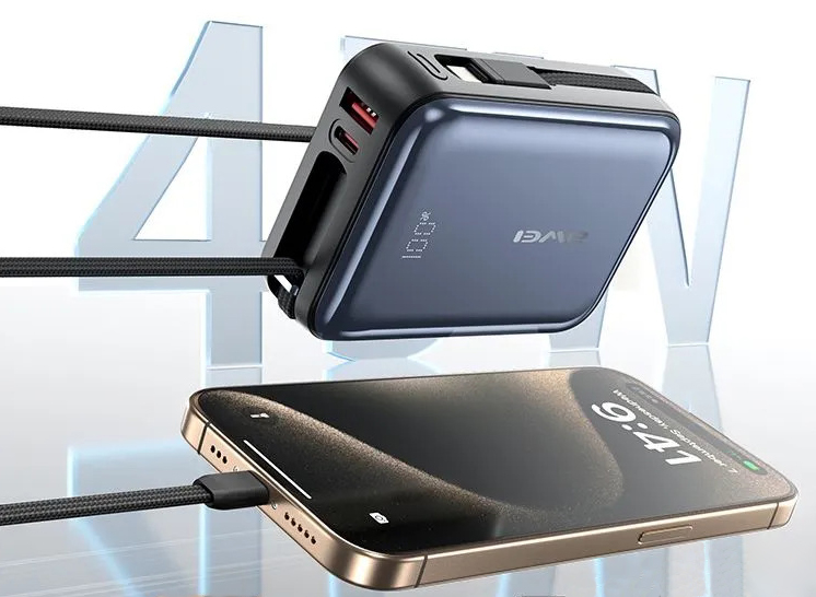 Power Bank Awei C03 20000mAh 45W с быстрой зарядкой и встроенными кабелями Type-C/Lightning